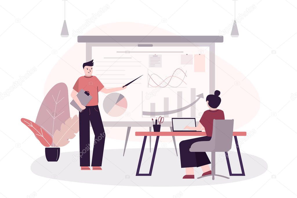 Businessman standing near board and making presentation. Partners discussing business project. Employees on meeting analyze graphics, diagrams. Managers at presentation conference or seminar. Vector