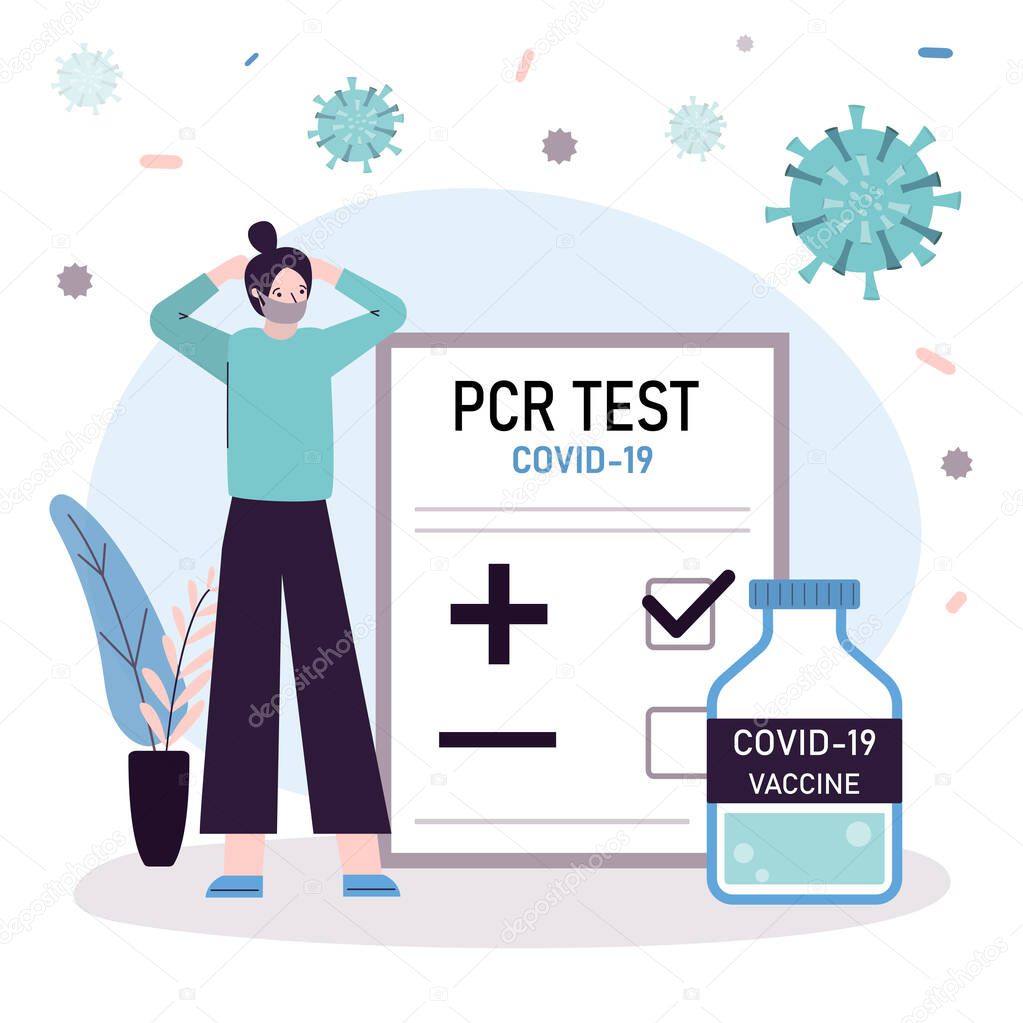 Female character received results of PCR test. Girl upset with positive result. Bottle with vaccine against covid-19. Unhappy woman in face mask. Testing population for coronavirus.Vector illustration