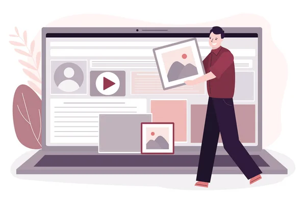 Erkek UI ve UX tasarımcıları dizüstü bilgisayarda web sitesi kuruyor. Çalışan adam internet sitesini kodluyor. Web geliştirme süreci. Programcı ikon tutuyor. İnşaat ve programlama web sayfası. Vektör illüstrasyonu