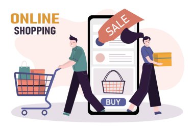 Müşteri el arabasıyla çeşitli alışverişler yapıyor. Cep telefonu ekranında online alışveriş uygulaması. Kadın karakter indirimli olarak çeşitli mallar satın alır. E-ticaret ve satış kavramı. Vektör illüstrasyonu