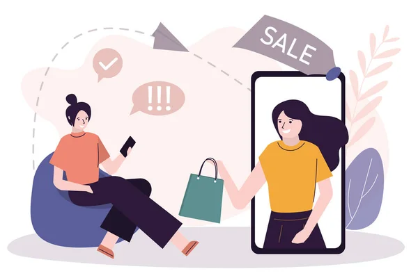 Kadın satıcı telefon ekranında ürünler sunuyor. Kız müşteri çevrimiçi dükkanda sipariş veriyor. Alışveriş uygulaması. Çevrimiçi piyasa ve satış kavramı. Sosyal ağda reklam malları. Vektör illüstrasyonu