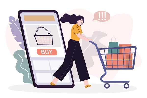 Kadın Müşteri Alışveriş Arabasıyla Çeşitli Alışverişler Yapıyor Cep Telefonu Ekranında — Stok Vektör