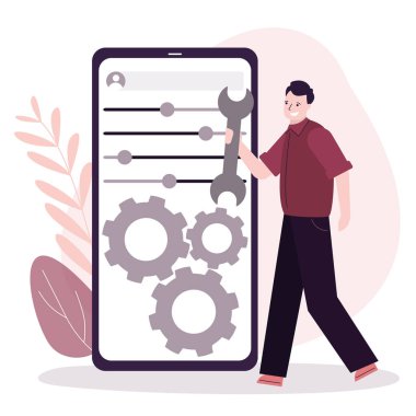 Erkek kullanıcı telefon ekranındaki ayarları özelleştirir. Kullanıcı kişisel sayfası olan telefon ekranı. Kullanıcı arayüzü özelleştirme, programlama. Kişisel sayfalar oluşturma ve oluşturma kavramı. Vektör illüstrasyonu