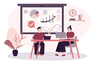 İş konuşmasındaki iş adamları. Çalışanlar yeni proje ya da şirket istatistikleri geliştiriyor. Sunum kurulu. Beyin fırtınası yapan, konuşan ve tartışan takım. Takım çalışması konsepti. Düz vektör illüstrasyonu