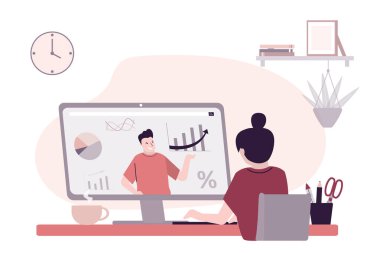 İş yerinde iş eğitimi alan bir kadın. Koç yatırımlar ve istatistikler hakkında konuşuyor. Bilgisayar monitöründe çeşitli grafik ve şemalar var. İş toplantısı ya da konferans. Düz vektör illüstrasyonu
