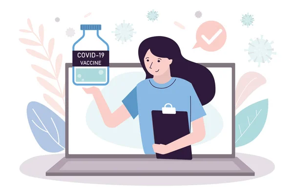 Tıp Çalışanı Insanları Aşı Olmaya Teşvik Ediyor Dizüstü Bilgisayardaki Kadında — Stok Vektör