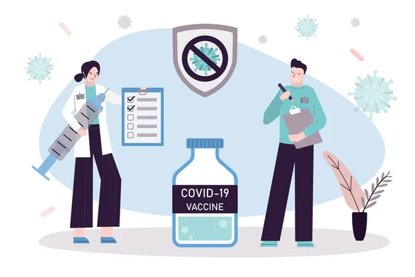 Les Travailleurs Médicaux Testent Vaccin Contre Coronavirus Femme Tenir Seringue — Image vectorielle
