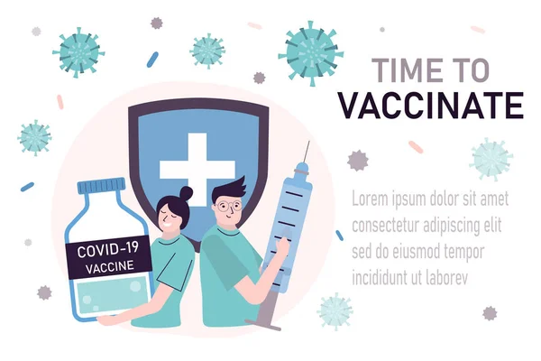Équipe Médecins Tenant Tube Seringue Avec Injection Coronavirus Médecins Vaccinant — Image vectorielle