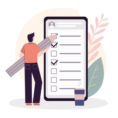 İş adamı başvurudaki görevleri tamamladı. Afrika kökenli Amerikalı adam kontrol listesindeki işaretleri kalemle işaretliyor. Akıllı telefon ekranında yapılacaklar listesi. Zaman yönetimi ve planlama. Vektör illüstrasyonu