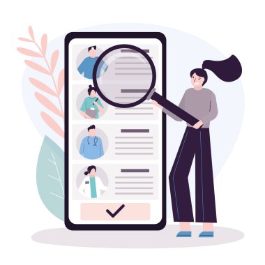 Büyüteci olan kız uzmanını seçer. Çevrimiçi danışmanlık ve sağlık hizmeti kavramı. Akıllı telefon ekranında farklı doktorların profilleri. Doktor arama uygulaması. Moda düz vektör illüstrasyonu