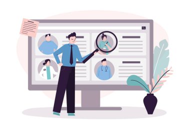Büyüteçli bir adam tıbbi web sitesinde uzmanını seçiyor. Çevrimiçi danışmanlık ve sağlık hizmeti kavramı. Bilgisayar ekranındaki farklı doktorların profilleri. Doktor arama uygulaması. Vektör illüstrasyonu