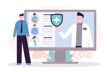 Hasta bilgisayar ekranında uzmanını seçiyor. Erkek doktor doktor doktor seçiminde yardımcı olur. Farklı doktor ve hemşirelerin portreleri. Çevrimiçi arama kavramı. Tıbbi personel. Vektör illüstrasyonu