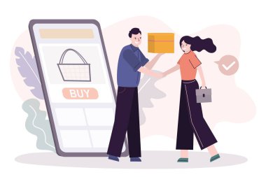 Kurye müşteriye paketi teslim eder. Kadın karakter e-mağazadan farklı ürünler sipariş etti. Cep telefonu ekranında online alışveriş uygulaması. Hızlı ev teslimatı ve e-ticaret. Vektör illüstrasyonu