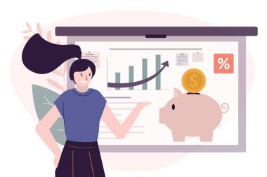 Businesswoman encourages to invest. Analytical statistics and piggy bank on chalkboard. Woman presents investment strategy. Finance management. Concept of business meeting. Flat vector illustration clipart