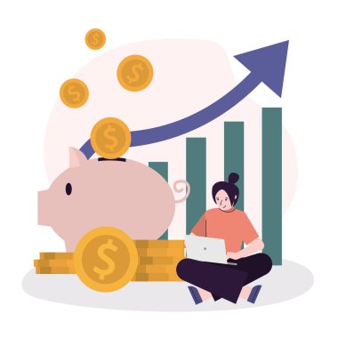 İş kadını yeni proje ya da fikre yatırım yapıyor. Yatırım ve tasarruf kavramı. Finans yönetimi ve ekonomik strateji. Domuzcuk kumbarası ve arka plan istatistikleri. Düz vektör illüstrasyonu