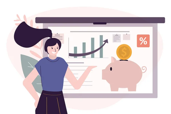İş kadını yatırım yapmaya teşvik ediyor. Analitik istatistikler ve kumbaralar tahtada. Kadın yatırım stratejisi sunar. Finans yönetimi. İş görüşmesi kavramı. Düz vektör illüstrasyonu
