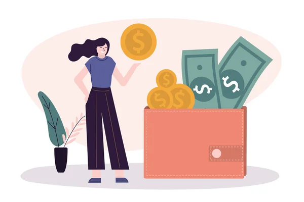 Para kızın elinde. İçinde altın paralar ve banknotlar olan cüzdan. Finansal okur yazarlık ve ekonomi. Zenginlik, tasarruf ve kazanç kavramı. Yatırım ve finans yönetimi. Vektör illüstrasyonu