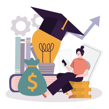 Kadın karakter eğitime yatırım yapar. Eğitim ve bilgiye yatırım kavramı. Eğitim, burs ve öğrenci kredisi için para biriktiriyorum. Finansal yönetim. Düz vektör illüstrasyonu