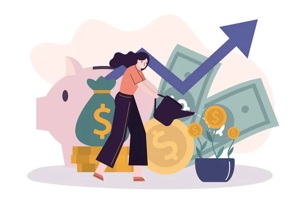 İş kadını para ağacını suluyor. Kadın çalışan yatırım yapıyor ve para biriktiriyor. Para yatırımı. Biriktirmek ya da biriktirmek. Yatırım, finans yönetimi ve bankacılık kavramı. Vektör illüstrasyonu