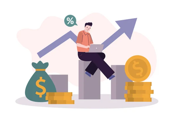 İşadamı başarılı bir şekilde online yatırım yapıyor. Bilgisayarlı yakışıklı adam yatırım büyümesini analiz ediyor. Yatırım ve bankacılık kavramı. Ekonomi stratejisi ve finans yönetimi. Düz vektör illüstrasyonu