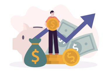 Altın parası olan bir işadamı yatırım yapar. Çalışanların yatırım yapması ve para biriktirmesi. Biriktirmek ya da biriktirmek. Yatırım, finans yönetimi ve bankacılık kavramı. Para yatırımı. Düz vektör illüstrasyonu