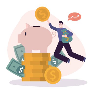 İşadamı atladı ve kumbaraya bozuk para attı. Erkek yatırımcı. Birikmiş veya biriktirilmiş para. Çalışan yatırım yapar ya da tasarruf eder. Yatırım ve finans yönetimi kavramı. Vektör illüstrasyonu