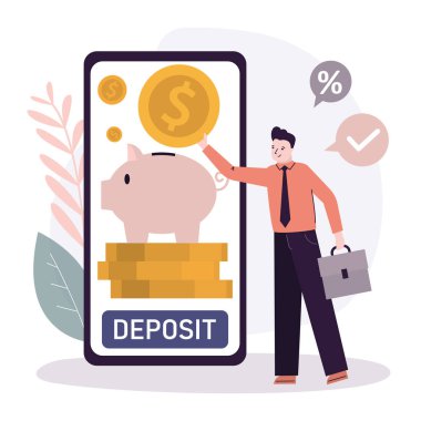 Erkek karakter mobil bankaya para yatırıyor. Tasarruf ve depozito kavramı. Telefon ekranında altın sikkeler olan kumbaralar. İşlemler ve bankacılık. Finans yönetimi. Düz vektör illüstrasyonu