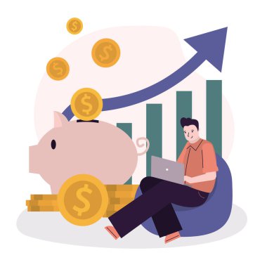 İşadamı yeni proje ya da fikre yatırım yapar. Yatırım ve tasarruf kavramı. Finans yönetimi ve ekonomik strateji. Domuz kumbarası ve büyüme istatistikleri. Düz vektör illüstrasyonu