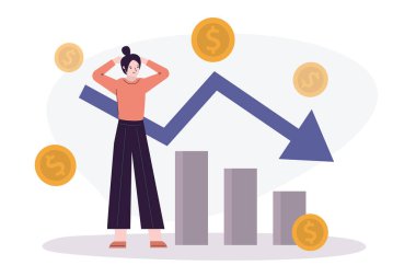 Kasvetli kadın kâr kaybediyor. Küresel ekonomik kriz ve iş başarısızlığı. Yatırım ve finans yönetimi kavramı. İflas işi ve ekonomik durgunluk. Düz vektör illüstrasyonu