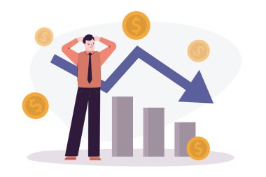 Depresyondaki işadamı kâr kaybediyor. Küresel ekonomik kriz ve iş başarısızlığı. Yatırım ve finans yönetimi kavramı. İflas işi ve para sorunu. Vektör illüstrasyonu