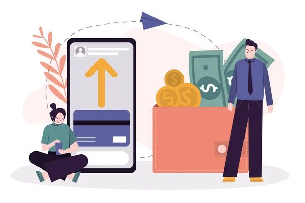 İnsanlar para gönderip alıyor. Adam nakit çekiyor. Akıllı telefon ekranında işlem uygulaması. Para dolu cüzdan. Çevrimiçi transfer, e-ticaret ve bankacılık kavramı. Düz vektör illüstrasyonu