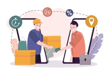 Erkek karakter paketin parasını öder. E-ticaret ve online alışveriş kavramı. Ekspres teslimat servisi. Yakışıklı adam siparişi nakit öder. Kurye alıcıya paketi teslim etti. Düz vektör illüstrasyonu