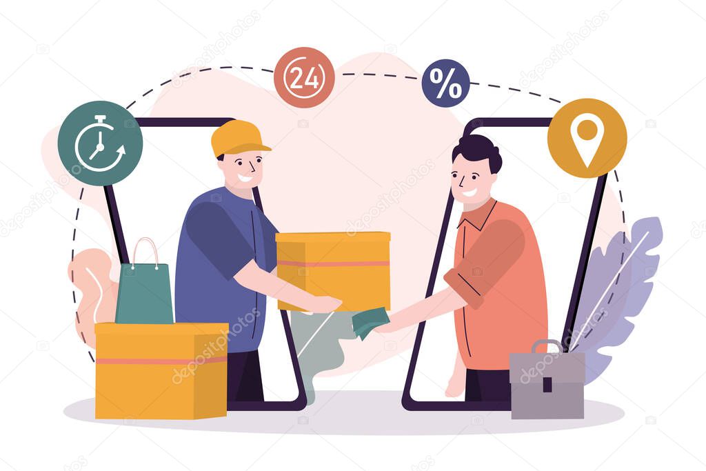 Male character pays for parcel. Concept of e-commerce and online shopping. Express delivery service. Handsome man pays for order in cash. Courier delivered package to buyer. Flat vector illustration