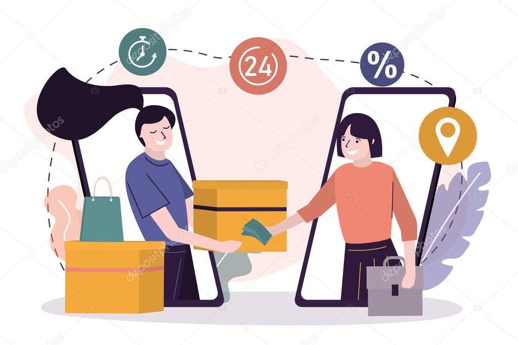 Female character pays for parcel. Concept of e-commerce and online shopping. Express delivery service. Woman pays for order in cash. Courier delivered package to buyer. Trendy flat vector illustration