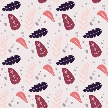 Farklı renkli yapraklar. Çiçek temasında pürüzsüz desen. Çeşitli yapraklarla arka plan. Çiçek elementli doku tasarımı. Duvar kâğıdı tekrarlanıyor. Bitkilerle yazdır. Düz vektör illüstrasyonu