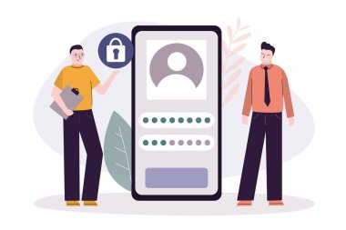 Adam internet sitesinde kayıt yaptırıyor. Kişisel veri koruması ve güvenli giriş kavramı. Kullanıcılar güvenli giriş ve parola kullanır. Profil ve hesap korumasını internetten yapın. Düz vektör illüstrasyonu