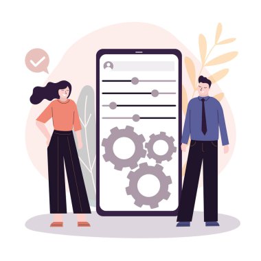 Çalışan kullanıcılar telefon ekranında ayarları özelleştirirler. Kullanıcı kişisel sayfası olan cep telefonu ekranı. Kullanıcı arayüzü özelleştirme, programlama. Yaratma ve kurma kavramı. Düz vektör illüstrasyonu
