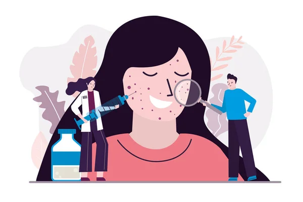 Güzellik uzmanının randevusunda derisi sorunlu bir kız. Dermatologlar hasta sivilcelerini tedavi eder. Doktorlar cilt hastalıkları olan kadınlara yardım eder. Kozmetik prosedürleri ve dermatoloji kavramı. Düz vektör illüstrasyonu