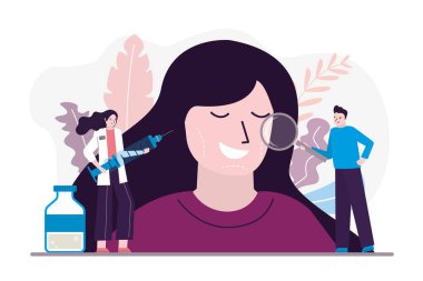 Estetik cerrahlar bir kıza prosedür uygularlar. Doktorlar hasta için iğne yaparlar. Yüz kırışıklığı tedavisi. Güzellik uzmanları resepsiyonunda hoş bir kadın. Estetik cerrahi konsepti. Düz vektör illüstrasyonu