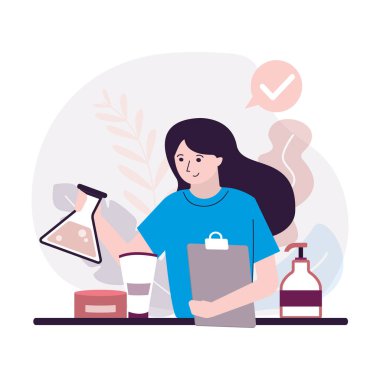 Kozmetik test eden kadın eczacı. Kozmetik ürünlerdeki araştırma ve tanımlama kusurları. Güvenli güzellik ürünleri konsepti. Tıbbi laboratuvar. Klinik cilt bakımı. Acımasızca. Vektör illüstrasyonu