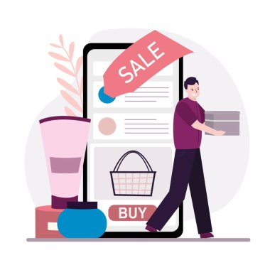 Müşteri çevrimiçi dükkandan kozmetik alıyor. Cilt bakım ürünleri almak için telefon ekranında uygulama. Adam makyaj malzemelerini internet dükkanından seçiyor ve alıyor. E-alışveriş konsepti. Acımasızca. Düz vektör illüstrasyonu