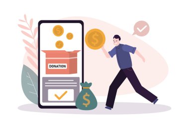 Çalışan erkek çalışanlar yardım için bağış yapıyor. İşadamı kutuya altın para koyuyor. Para verme kavramı. Telefon ekranına bağış uygulaması. Finansal destek ve bağış toplama. Vektör illüstrasyonu
