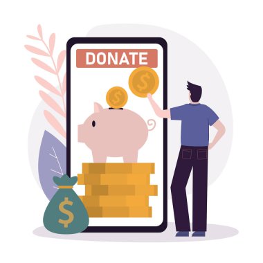 Erkek gönüllü hayır işi için para bağışlıyor. İşçi, kutuya altın para koyuyor. Para verme kavramı. Finansal destek ve bağış toplama. Cep telefonu ekranına bağış uygulaması. Vektör illüstrasyonu