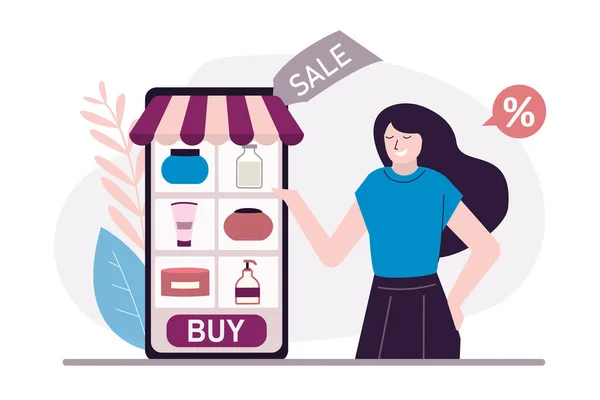 Penjual Wanita Menawarkan Untuk Membeli Kosmetik Toko Online Aplikasi Layar - Stok Vektor
