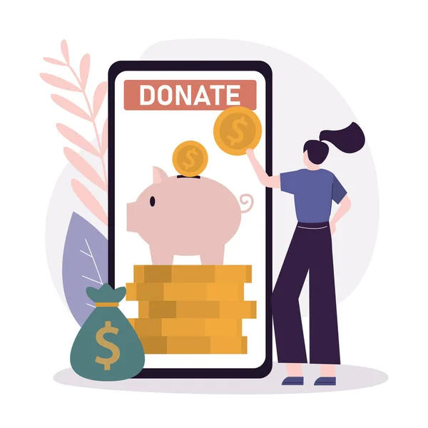Kadın karakter yardım için para bağışlıyor. İşçi, kutuya altın para koyuyor. Para verme kavramı. Telefon ekranına bağış uygulaması. Finansal destek ve bağış toplama. Düz vektör illüstrasyonu