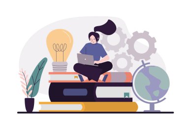 Dizüstü bilgisayarı olan öğrenci kitapların üzerinde oturuyor. Kadın karakter çevrimiçi kurslara ve webinarlara gidiyor. Evde uzaktan çalışan tatlı bir kadın. E-öğrenim ve internet eğitimi kavramı. Düz vektör illüstrasyonu