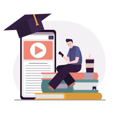 Öğrenci akıllı telefondan bilgi arıyor. Adam telefonuyla kitap yığınının üzerinde oturuyor. Cep telefonu ekranında çalışmak için başvuru. E-öğrenim ve internet eğitimi kavramı. Vektör illüstrasyonu