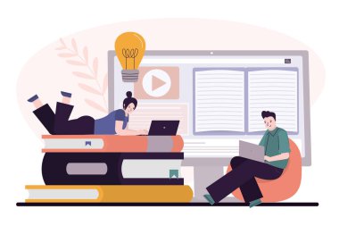 Bilgisayarlı öğrenciler ders alıyor ya da webinar izliyor. Çizgi film karakterleri çevrimiçi eğitim alıyorlar. E-öğrenme ve uzaktan eğitim kavramı. E-kitaplar, videolar ekranda. Vektör illüstrasyonu