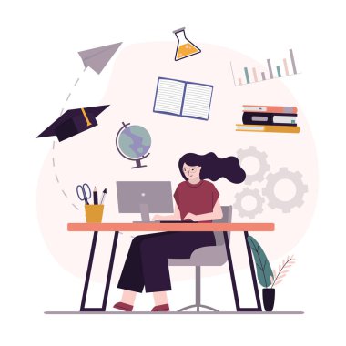 Female character learns remotely on computer. Woman studies different sciences. Student sits at workplace and studies. Girl gets knowledge on Internet. E-learning, online education.Vector illustration