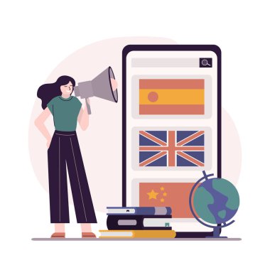 Kız, dil öğrenme reklamları yapıyor. Kadın mobil uygulamalarda çeşitli diller öğrenmeyi teklif ediyor. Çevrimiçi kurslar ve webinarlar. Telefon ekranı. Reklam ve e-öğrenme konsepti. Vektör illüstrasyonu
